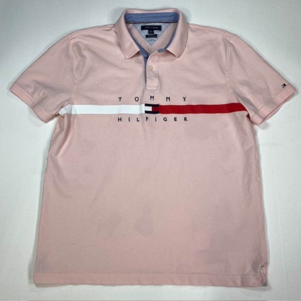 Tommy Hilfiger Mens Pink Custom Fit Short Sleeve Logo Stripe Polo Shirt XL